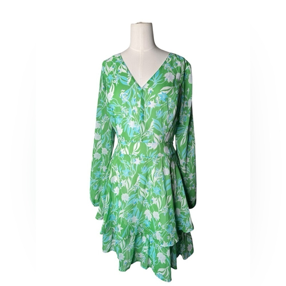 Jessica Simpson Green Women's Floral LS A-Line Midi Dress XL Polyester EUC - Picture 2 of 6